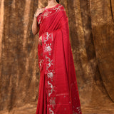 Bright Red Tussar Embroidered Saree