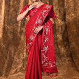 Bright Red Tussar Embroidered Saree