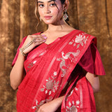 Bright Red Tussar Embroidered Saree