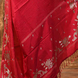 Bright Red Tussar Embroidered Saree