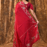 Bright Red Tussar Embroidered Saree