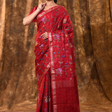 Bright Red Floral Silk Blend Saree