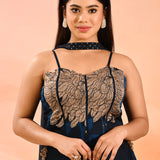 Midnight Sapphire Botanical Print Choli Set
