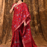 Bright Red Floral Silk Blend Saree