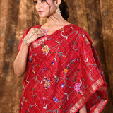 Bright Red Floral Silk Blend Saree