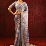 Metallic Grey Embroidered Tissue Saree