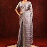Metallic Grey Embroidered Tissue Saree