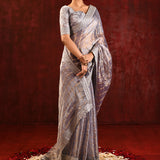 Metallic Grey Embroidered Tissue Saree