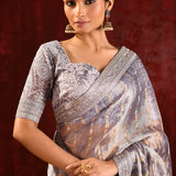 Metallic Grey Embroidered Tissue Saree