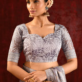 Metallic Grey Embroidered Tissue Saree