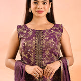 Royal Purple Floral Jaal Embroider Straight Cut Set