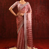 Metallic Pink Embroidered Tissue Saree