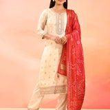Pearl Ivory Embroidered Silk Blend Straight Cut Suit Set