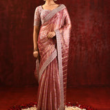 Metallic Pink Embroidered Tissue Saree