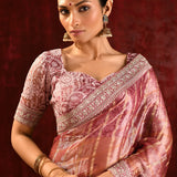 Metallic Pink Embroidered Tissue Saree
