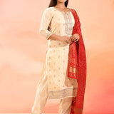 Pearl Ivory Embroidered Silk Blend Straight Cut Suit Set