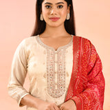 Pearl Ivory Embroidered Silk Blend Straight Cut Suit Set