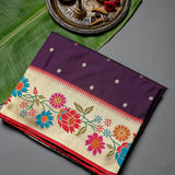 Purple Banarasi Silk Saree With Paithani Floral Weave Pallu & Contrast Border