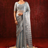 Metallic Grey Embroidered Tissue Saree