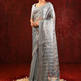 Metallic Grey Embroidered Tissue Saree