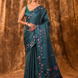 Teal Green Embroidered Tussar Silk Saree