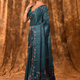 Teal Green Embroidered Tussar Silk Saree