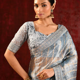 Metallic Grey Embroidered Tissue Saree