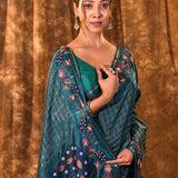 Teal Green Embroidered Tussar Silk Saree