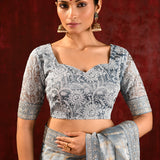 Metallic Grey Embroidered Tissue Saree