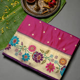 Magenta And Gold Paithani Woven Pure Silk Saree With Multicolour Floral Vine Border And Pallu