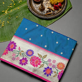 Bright Blue Gold Zari Butti Paithani Saree With Multi-Color Lotus Border