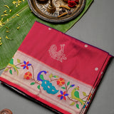 Pink Silver Zari Peacock Butti Paithani Silk Saree With Multicolour Peacock Floral Pallu