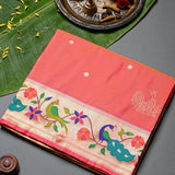 Vibrant Peach Paithani Weave Saree With Gold Zari Peacock Border