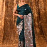 Dark Bottle Green Butti Embroidered Silk Saree