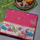 Purple & Pink Paithani Silk Saree With Bird & Floral Weave Pallu & Gold Zari Border