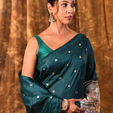 Dark Bottle Green Butti Embroidered Silk Saree