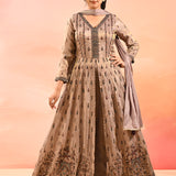 Taupe Heritage Print Silk Anarkali Set