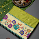 Green Banarasi Silk Saree With Paithani Floral Weave Pallu & Gold Zari Border