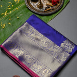 Royal Blue Gold Zari Floral Bouquet Butti Pure Silk Kanjivaram Saree With Contrast Magenta Border And Heavy Gold Pallu