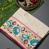 Off White Gold Zari Floral Butti Pure Silk Paithani Saree With Multicolour Teal Lotus Border And Pink Temple Border