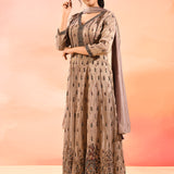 Taupe Heritage Print Silk Anarkali Set