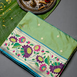 Light Green Gold Zari Butti Paithani Saree With Multi-Color Lotus Border