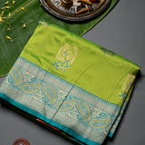 Lime Green Gold Zari Meenakari Peacock Butti Pure Silk Banarasi Saree With Contrast Teal Paisley Pallu