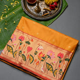 Marigold Yellow Gold Zari Floral Butti Pure Silk Paithani Saree With Multicolour Lotus Bird Copper Pallu