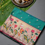 Turquoise Blue Gold Zari Paithani Silk Saree With Floral Pallu