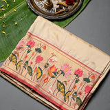 Beige Gold Zari Floral Jaal Silk Saree With Lotus Motif Pallu