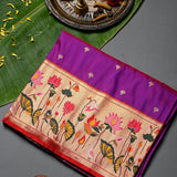 Purple And Gold Zari Woven Butti Pure Silk Banarasi Saree With Paithani Lotus Bird Pallu