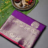 Violet Purple Dual Tone Zari Floral Peacock Butti Pure Silk Banarasi Saree With Heavy Gold Geometric Pallu