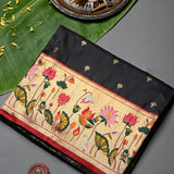 Black Paithani Silk Saree With Lotus, Swan & Floral Weave Pallu & Red Contrast Border