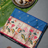 Royal Blue Paithani Silk Saree With Lotus, Bird & Floral Weave Pallu & Gold Zari Border